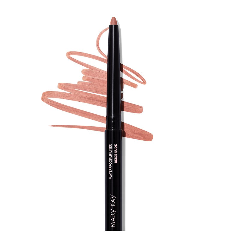 Uncapped Mary Kay Waterproof Lip Liner in Beige Nude with squiggle product swatch behind it on plain background