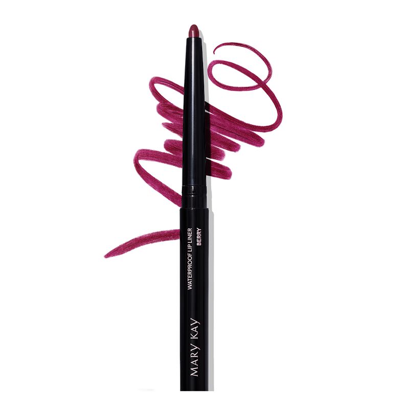 Uncapped Mary Kay Waterproof Lip Liner in Berry with squiggle product swatch behind it on plain background