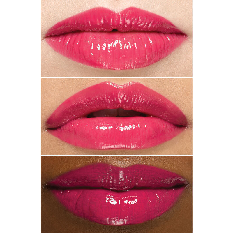 Close up of lips wearing Mary Kay Unlimited Lip Gloss in shade Pink Fusion on an ivory, bronze and deep skin tone.
