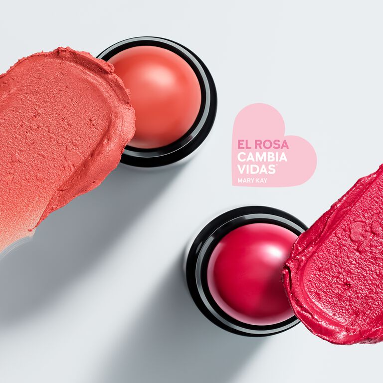 Se muestran dos barras de rubor Mary Kay de edici&oacute;n limitada en Kind Spirit y Spark Change con muestras cremosas y el logotipo El rosa cambia vidas Mary Kay