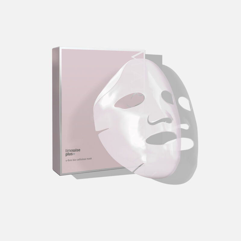 Sheet of TimeWise Repair Lifting Bio-Cellulose Mask from Mary Kay leaning against exterior packaging.