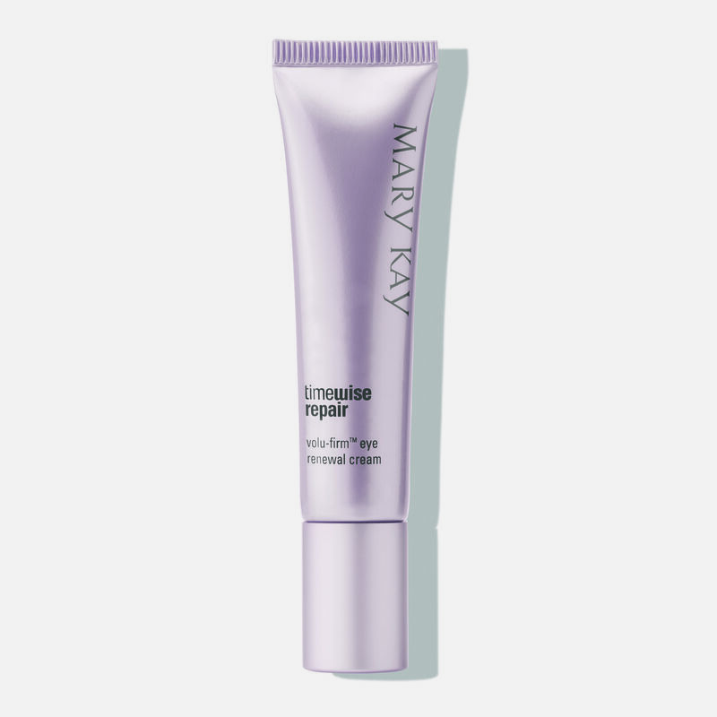 A tube of TimeWise Repair Volu-Firm Eye Renewal Cream from Mary Kay standing against a gray background.