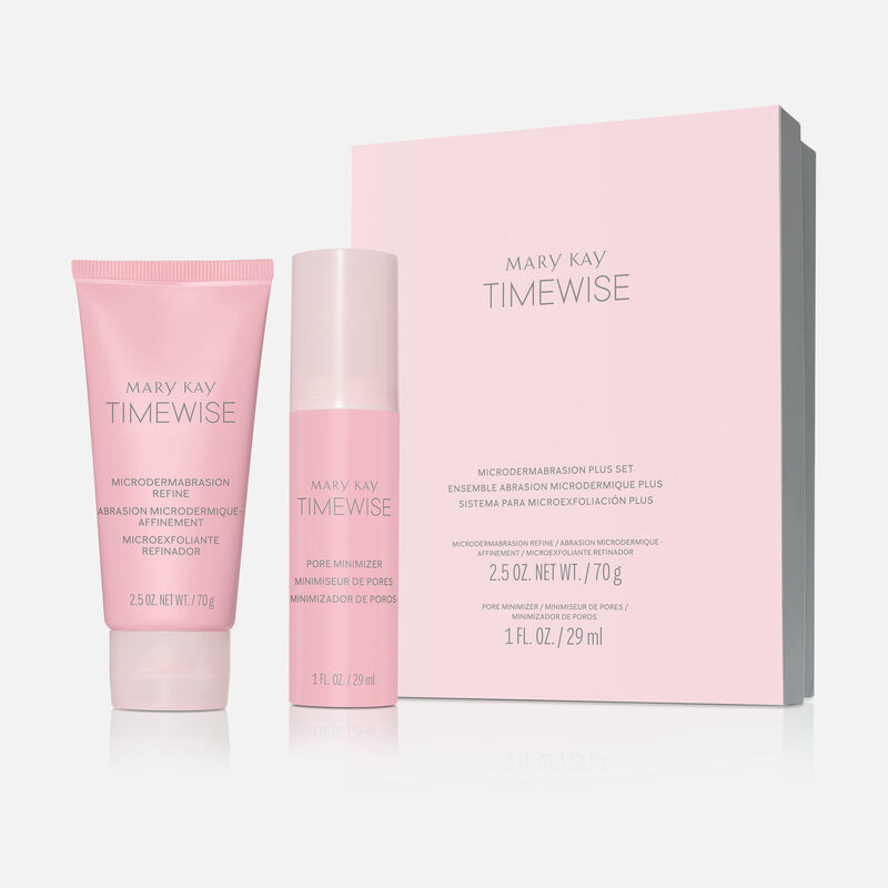 TimeWise Microdermabrasion Refine and Pore Minimizer with pink Plus Set box on plain background