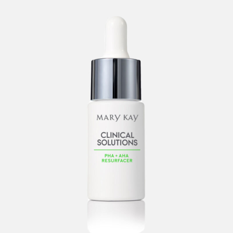 White bottle of Clinical Solutions&reg; PHA + AHA Resurfacer on plain background.