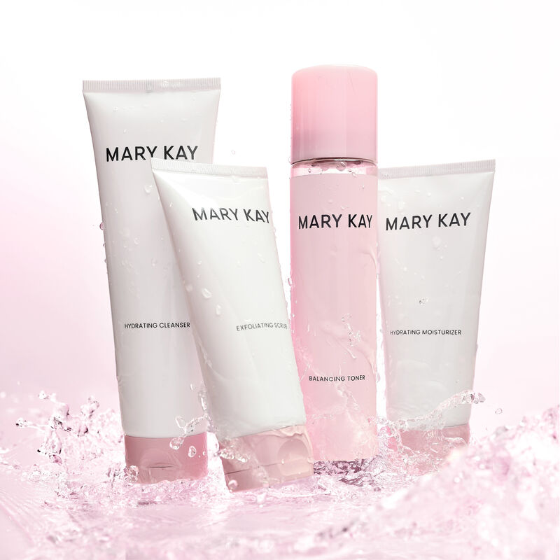 Mary Kay Hydrating Regimen with water standing with water swirling beneath