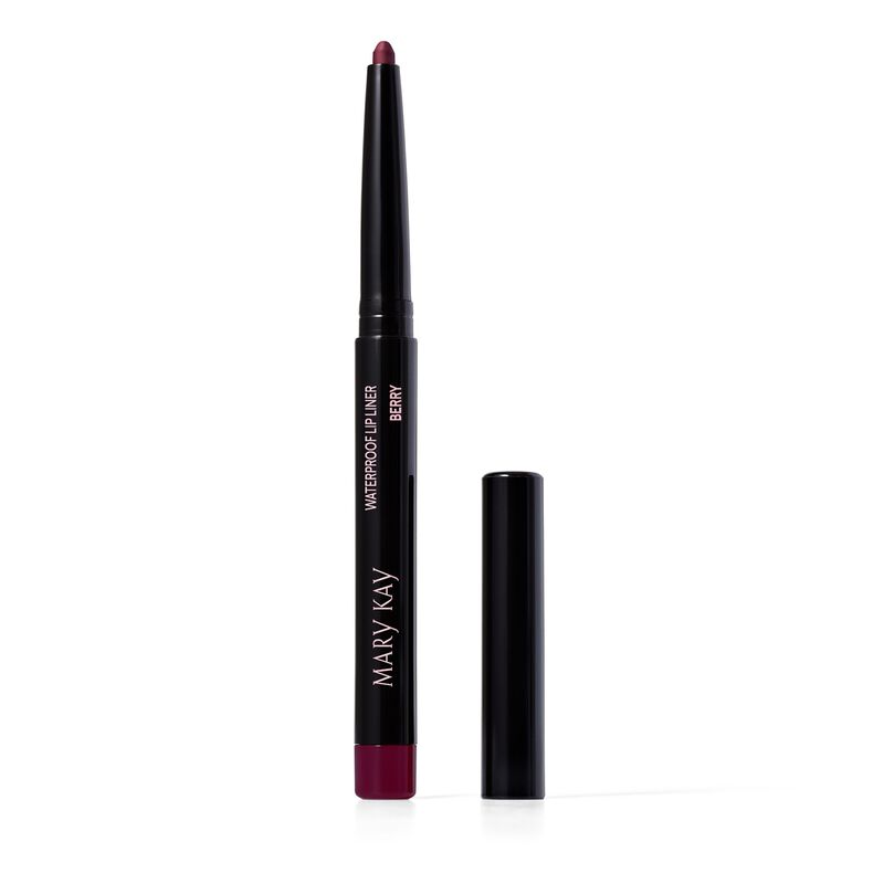 Uncapped Mary Kay Waterproof Lip Liner in Berry with squiggle product swatch behind it on plain background