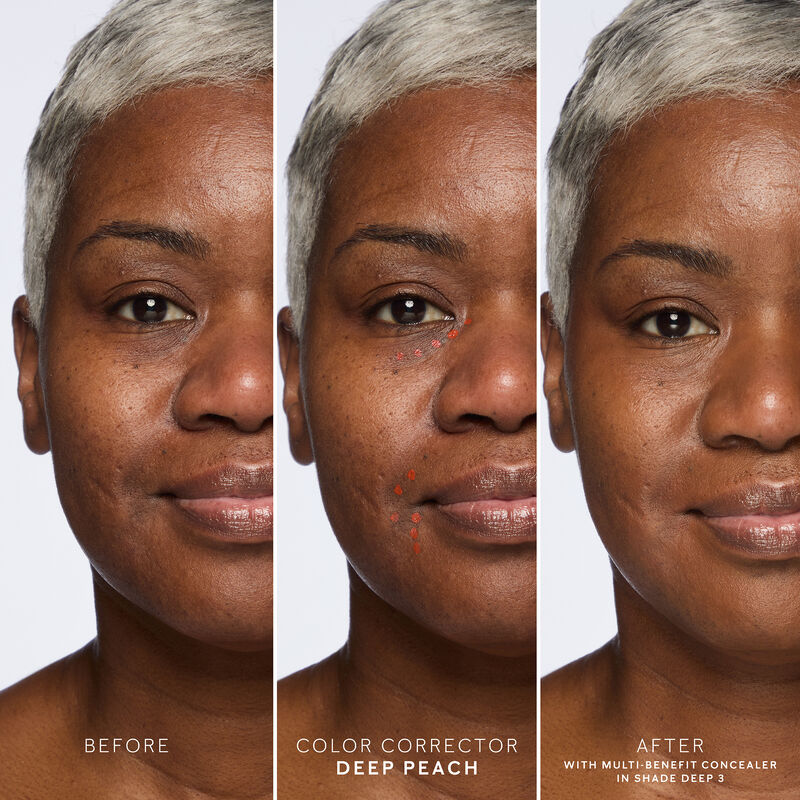 Deep-skinned model in before-and-after photos showing application of Mary Kay Undereye Corrector in Deep Peach and Multi-Benefit Concealer in Deep 1.