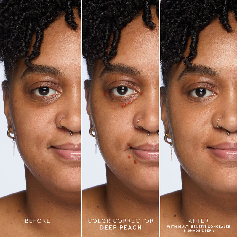Deep-skinned model in before-and-after photos showing application of Mary Kay Undereye Corrector in Deep Peach and Multi-Benefit Concealer in Deep 1.
