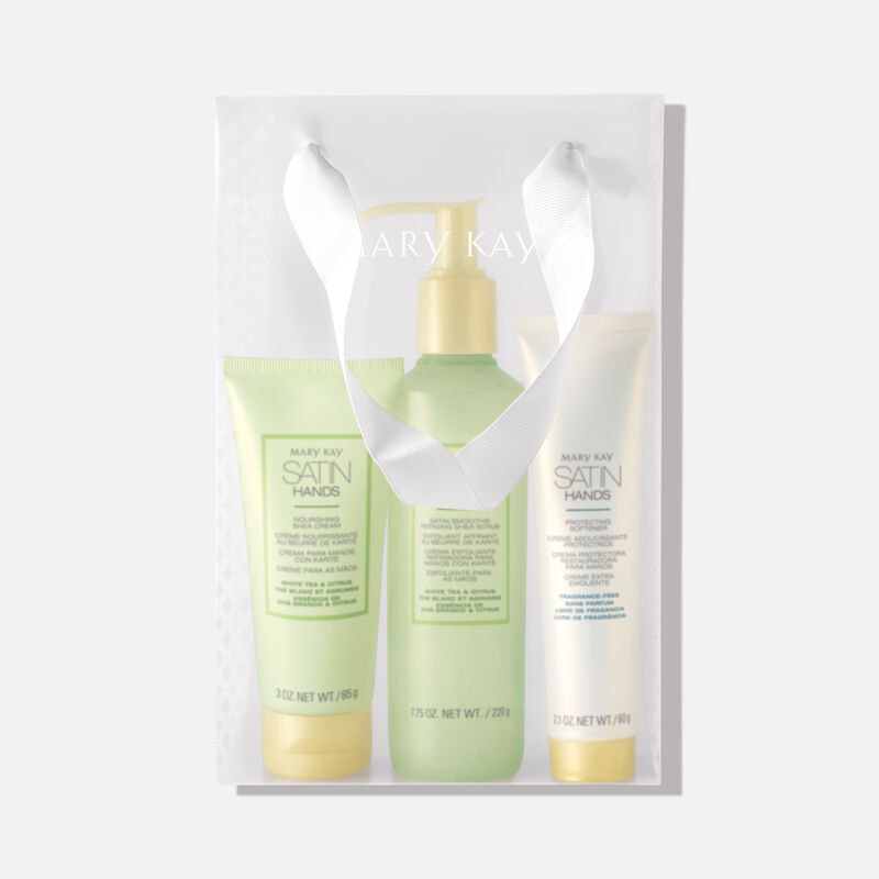 White Tea & Citrus Satin Hands Pampering Set in clear gift bag on plain background