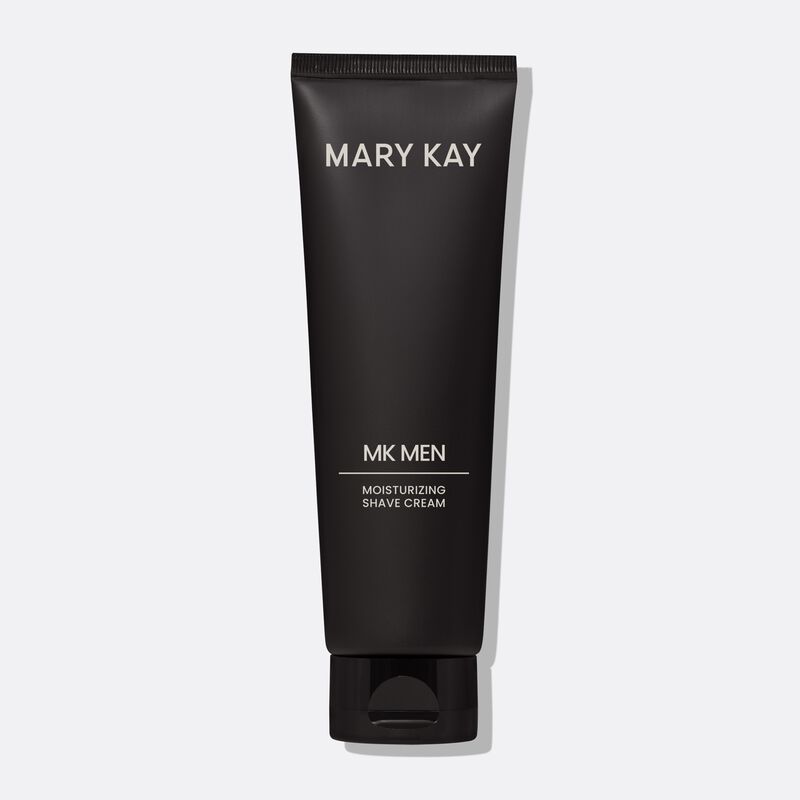 Tube of MKMen Moisturizing Shave Cream standing on its cap against a plain background