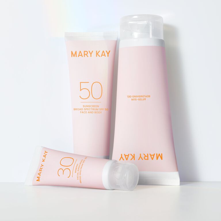 Mary Kay&reg; Mineral Facial Sunscreen Broad Spectrum SPF 30, Special-Edition Mary Kay&reg; After-Sun Replenishing Gel, and Mary Kay&reg; Sunscreen Broad Spectrum SPF 50 in soft pink packaging.