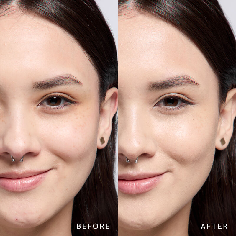 Model before and after showing TimeWise 3D Foundation Luminous finish payoff in shade Light 1