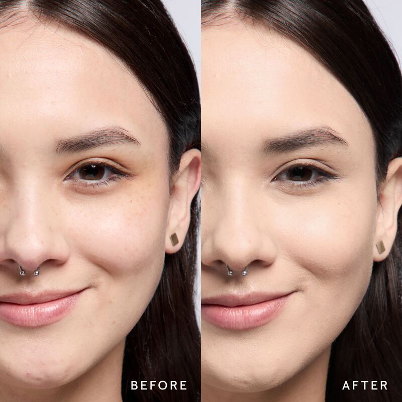 Model before and after showing TimeWise 3D Foundation Matte finish payoff in shade Light 1