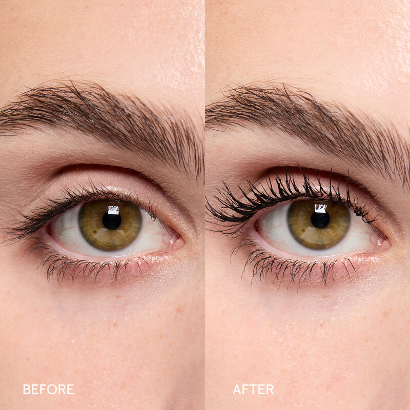 Before-and-after images of Lash Love Fanorama Define+Lift Mascara applied to lashes of a model with light skin tone