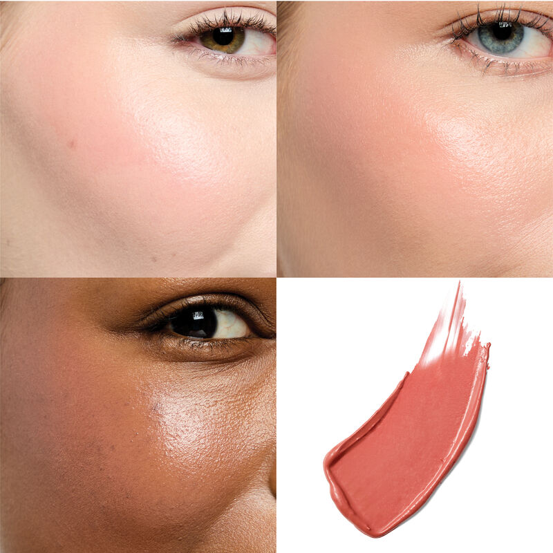 Coral cream blush swatch shown alongside product applied on three different skin tones for comparison.