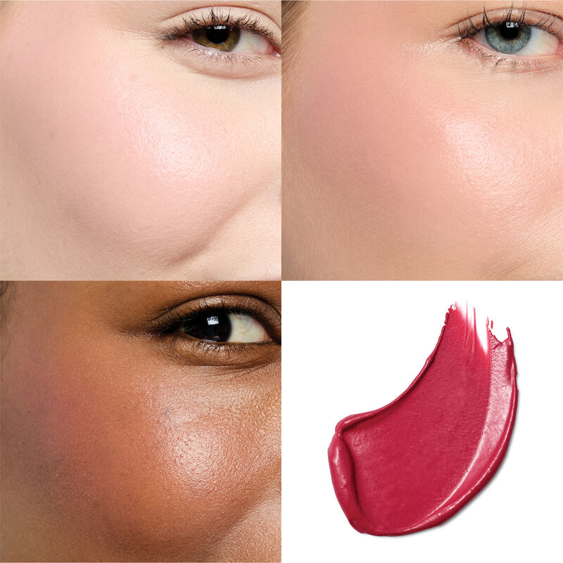 Hot pink cream blush swatch shown alongside product applied on three different skin tones for comparison.