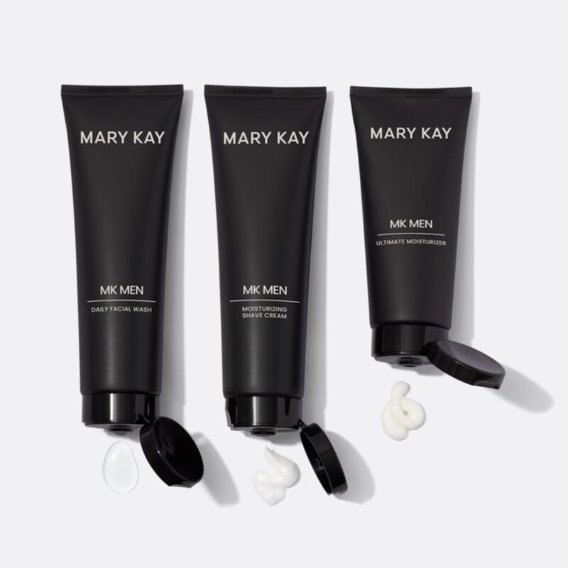 MKMen Daily Facial Wash, MKMen Moisturizing Shave Cream and MKMen Ultimate Moisturizer with their respective gel and creams on a white background