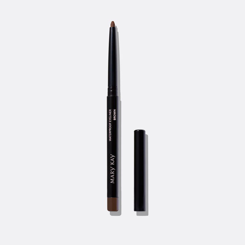 Uncapped Mary Kay Waterproof Eyeliner in Brown on plain background