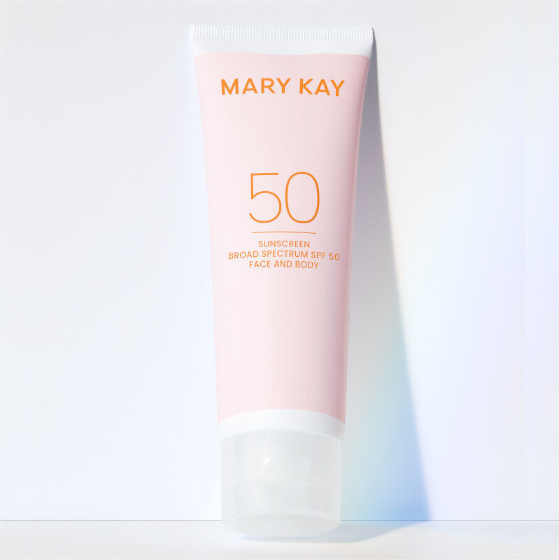 Tube of Mary Kay Sunscreen Broad Spectrum SPF 50 standing on its cap